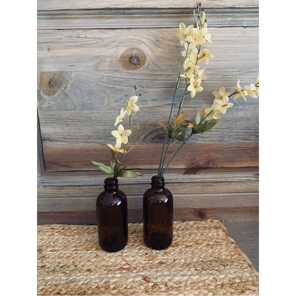 2 Amber Glass Vases with Fall Stems